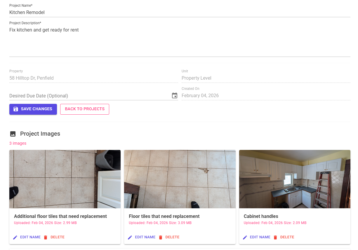 Projects and issues screen in Sentinel Property Systems
