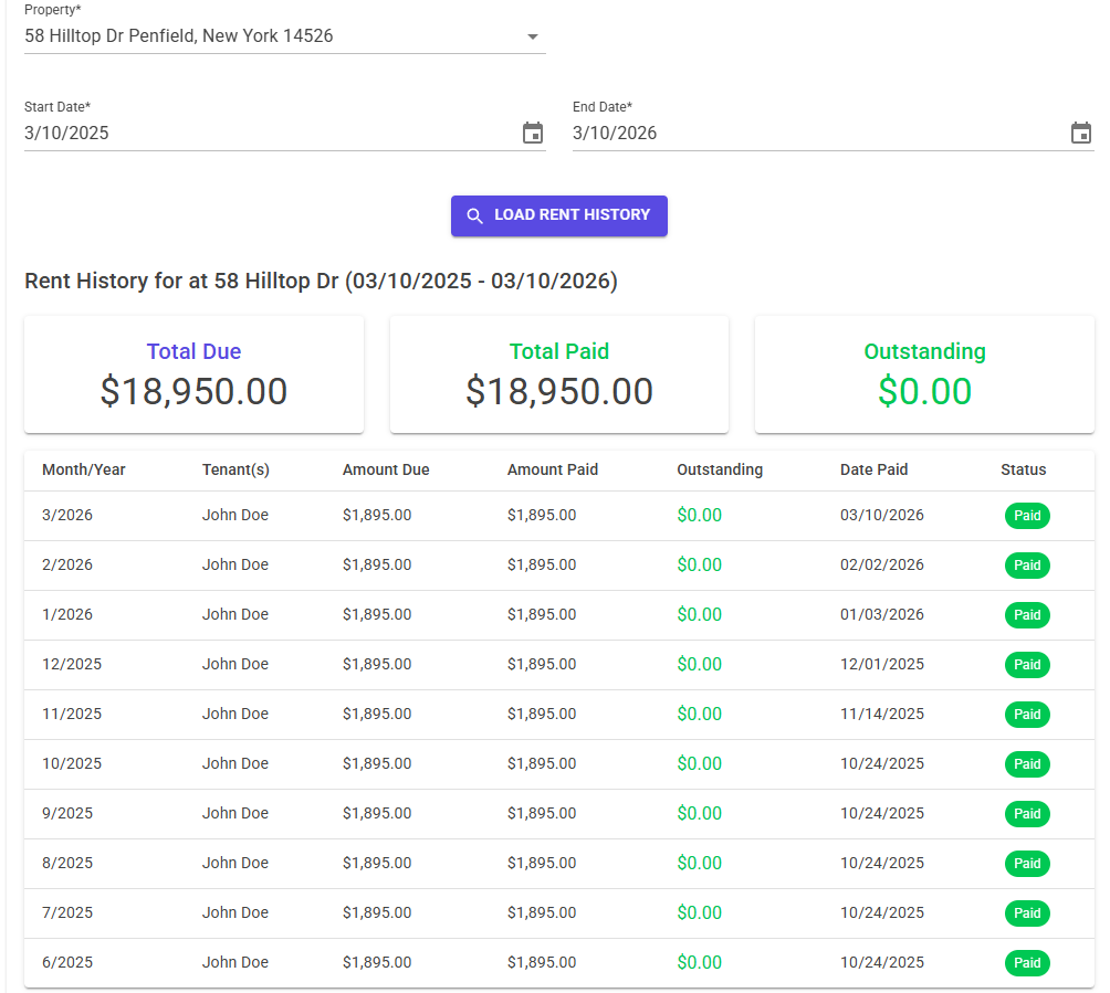 Rent tracking screen in Sentinel Property Systems